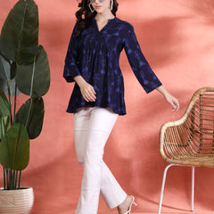 Indibelle Rayon Abstract Print A-Line Kurti (Blue)