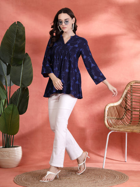 Indibelle Rayon Abstract Print A-Line Kurti (Blue)