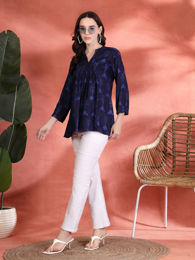 Indibelle Rayon Abstract Print A-Line Kurti (Blue)