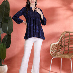 Indibelle Rayon Abstract Print A-Line Kurti (Blue)