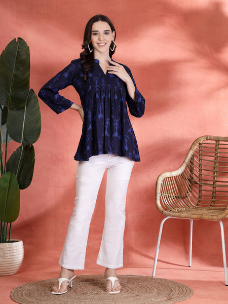 Indibelle Rayon Abstract Print A-Line Kurti (Blue)