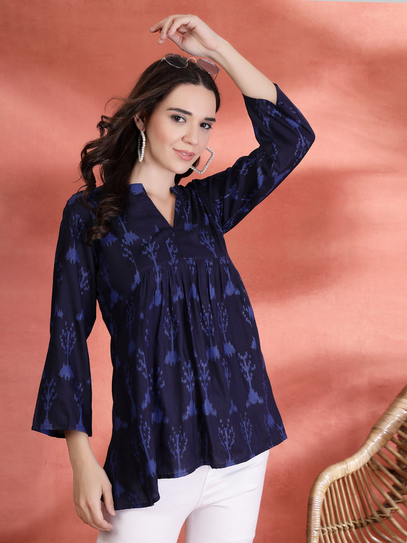 Indibelle Rayon Abstract Print A-Line Kurti (Blue)
