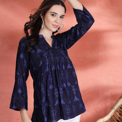 Indibelle Rayon Abstract Print A-Line Kurti (Blue)