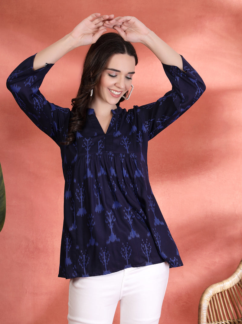 Indibelle Rayon Abstract Print A-Line Kurti (Blue)