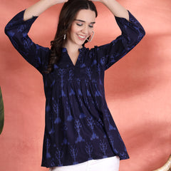 Indibelle Rayon Abstract Print A-Line Kurti (Blue)