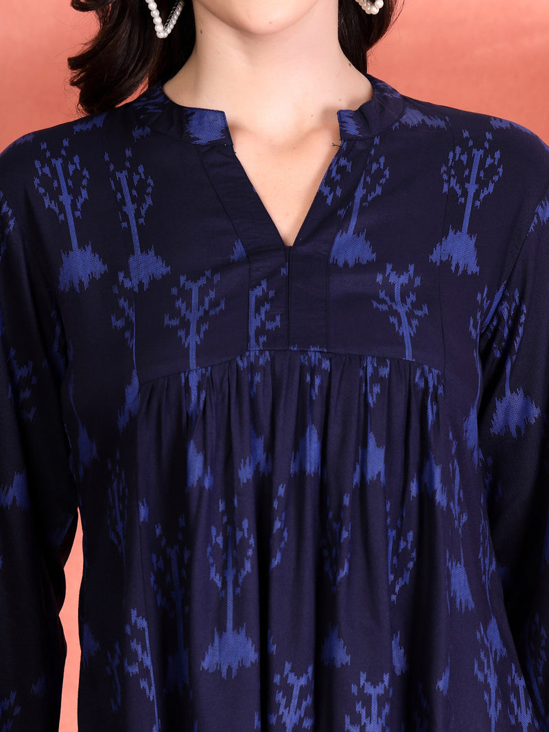 Indibelle Rayon Abstract Print A-Line Kurti (Blue)