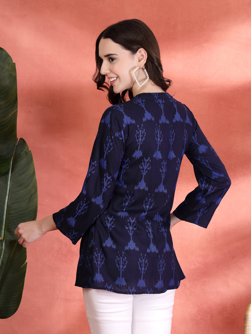Indibelle Rayon Abstract Print A-Line Kurti (Blue)