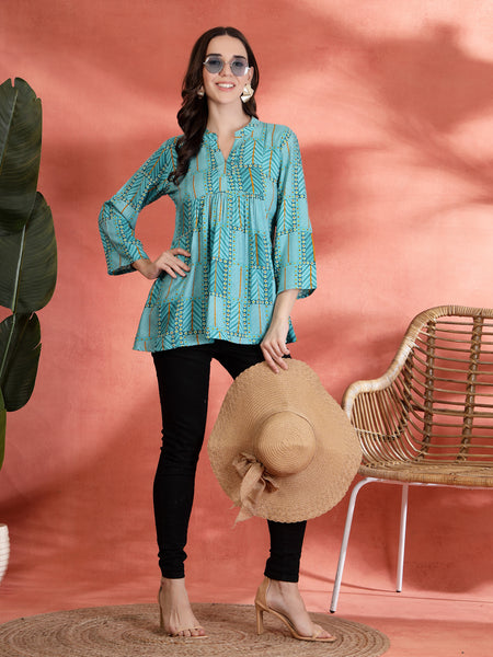 Indibelle Rayon Abstract Print A-Line Kurti (Sky Blue)