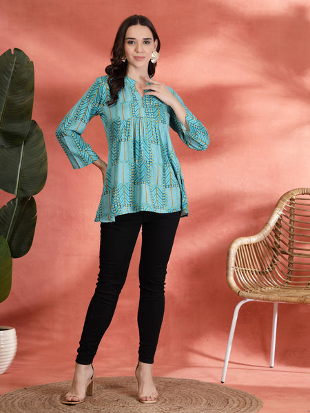 Indibelle Rayon Abstract Print A-Line Kurti (Sky Blue)