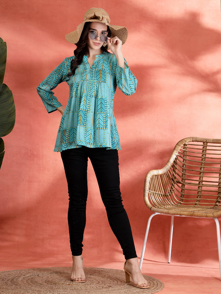 Indibelle Rayon Abstract Print A-Line Kurti (Sky Blue)