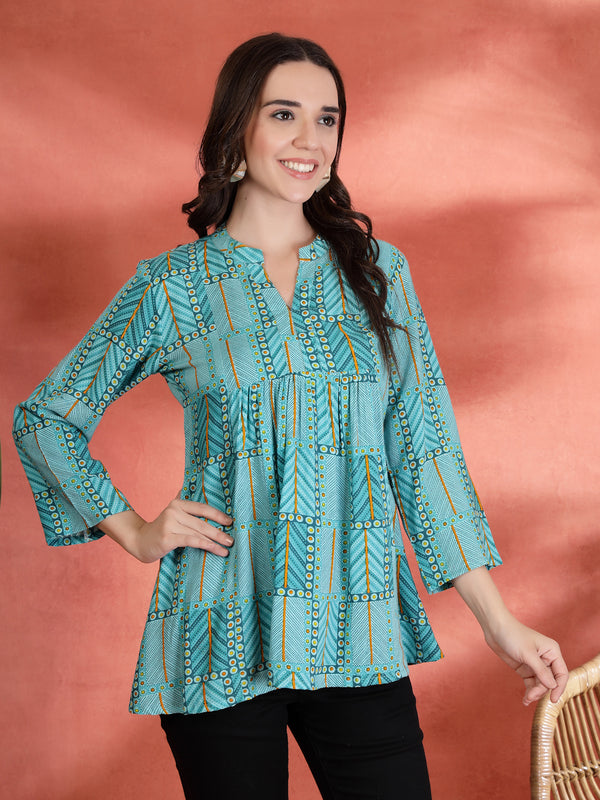 Indibelle Rayon Abstract Print A-Line Kurti (Sky Blue)