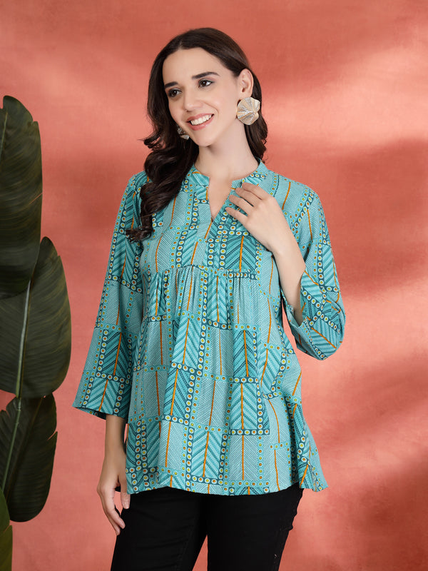 Indibelle Rayon Abstract Print A-Line Kurti (Sky Blue)