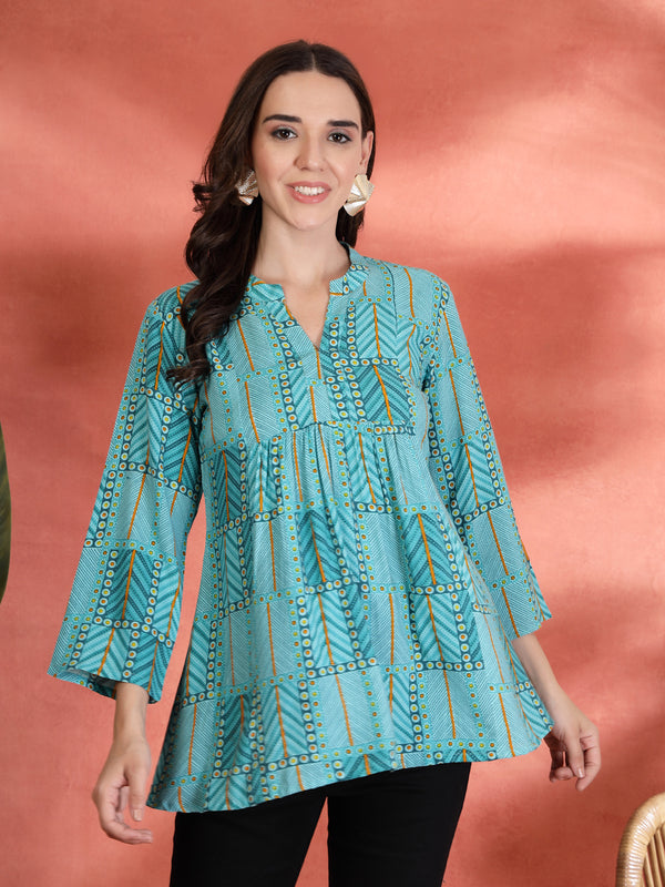 Indibelle Rayon Abstract Print A-Line Kurti (Sky Blue)