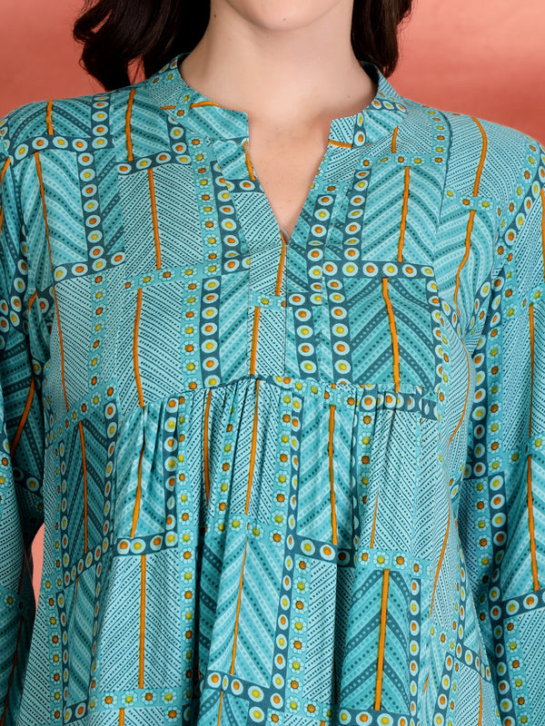 Indibelle Rayon Abstract Print A-Line Kurti (Sky Blue)
