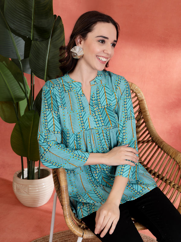Indibelle Rayon Abstract Print A-Line Kurti (Sky Blue)