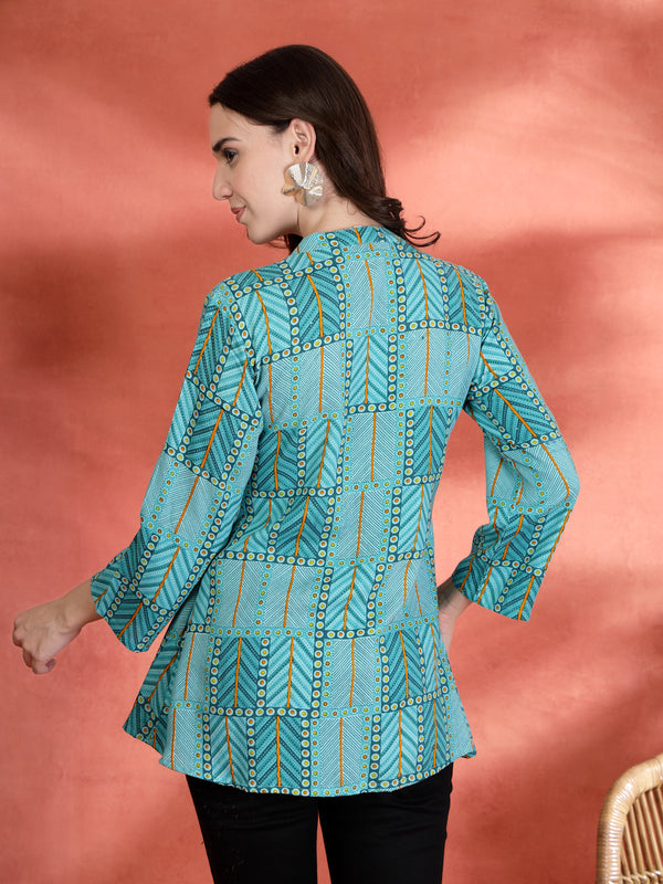Indibelle Rayon Abstract Print A-Line Kurti (Sky Blue)