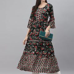 Indibelle Rayon Dark Green Floral Print Flared Kurta