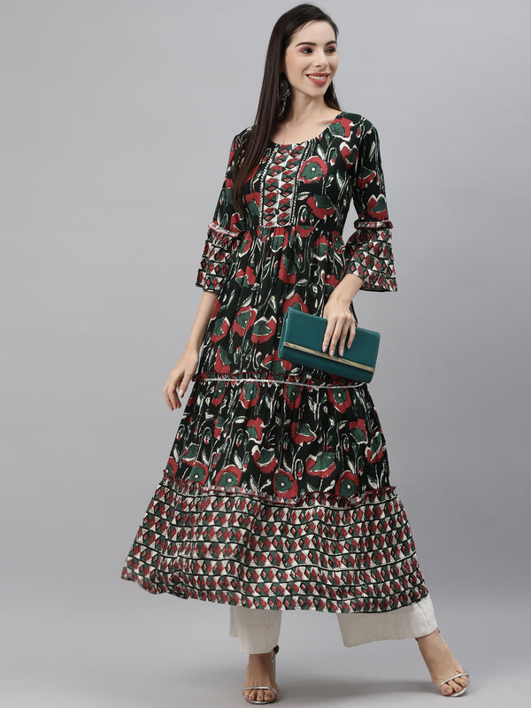 Indibelle Rayon Dark Green Floral Print Flared Kurta