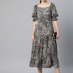 Indibelle Rayon Animal Print Flared Dress (Black)