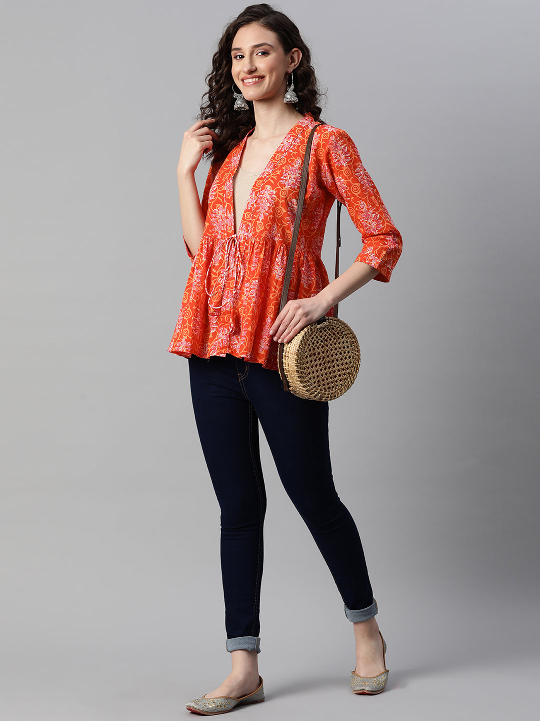 Indibelle Cotton Orange Floral Print Shrug/Cape