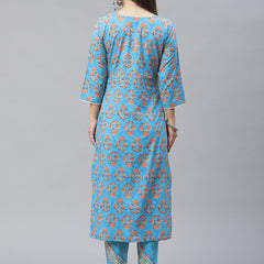 Indibelle Cotton Sky Blue Floral Print Straight Kurta set
