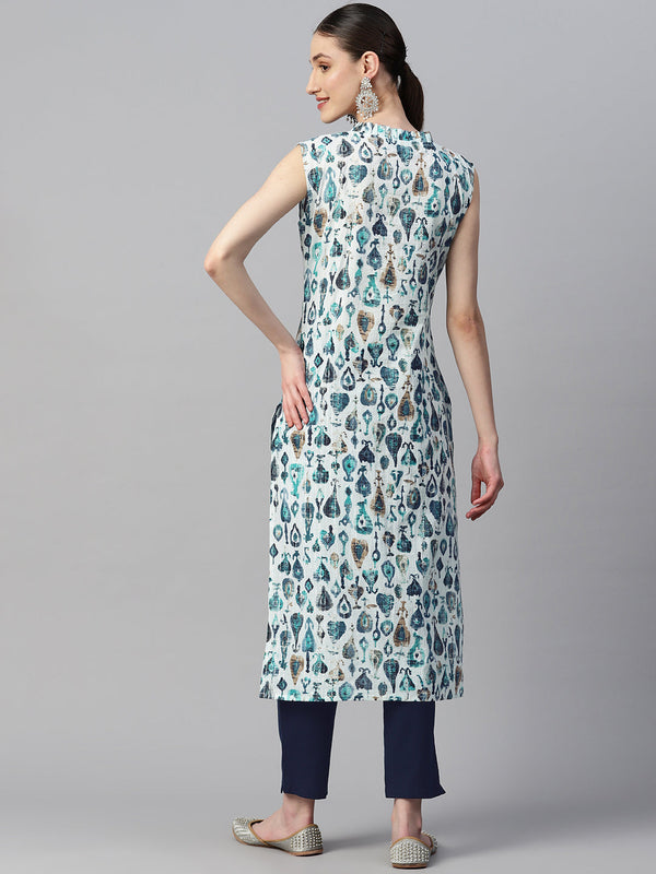 Indibelle Cotton Lurex Teal Abstract Print Kurta