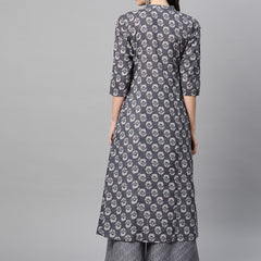 Indibelle Cotton Grey Floral Print A-Line Kurta 