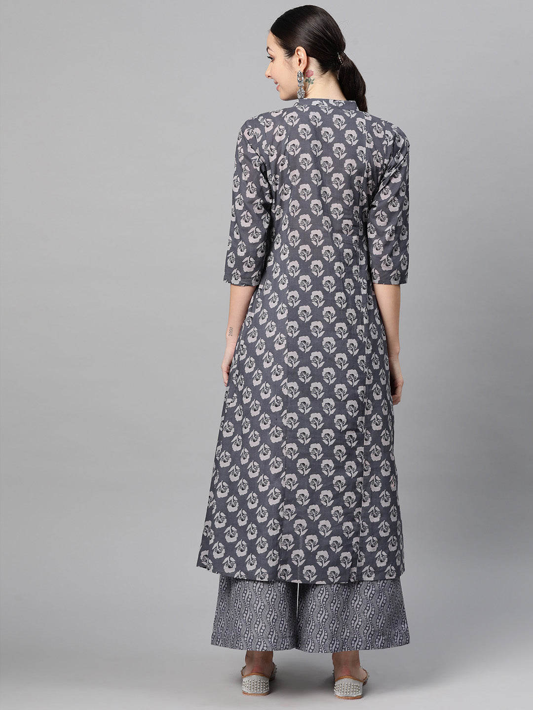 Indibelle Cotton Grey Floral Print A-Line Kurta 