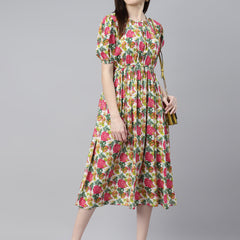 Indibelle Rayon Pink Tropical Print Flared Dress