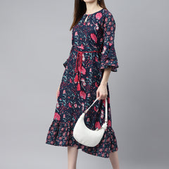 Indibelle Cotton Navy Blue Floral Print A-Line Dress