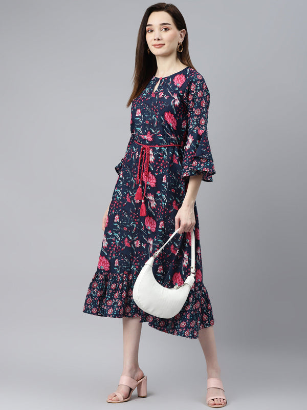 Indibelle Cotton Navy Blue Floral Print A-Line Dress