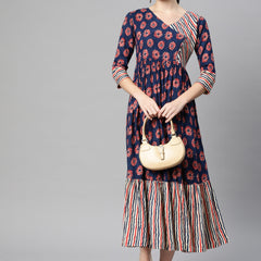 Indibelle Rayon Floral Print Flared Maxi Dress (Blue)