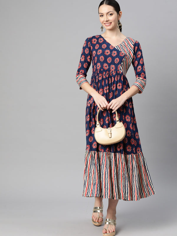 Indibelle Rayon Floral Print Flared Maxi Dress (Blue)