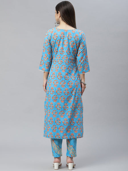Indibelle Cotton Sky Blue Floral Print Straight Kurta
