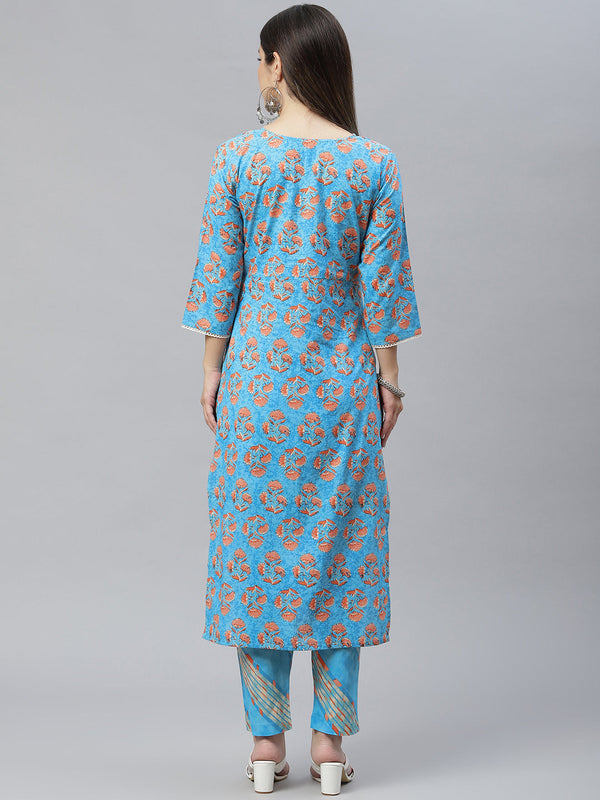 Indibelle Cotton Sky Blue Floral Print Straight Kurta