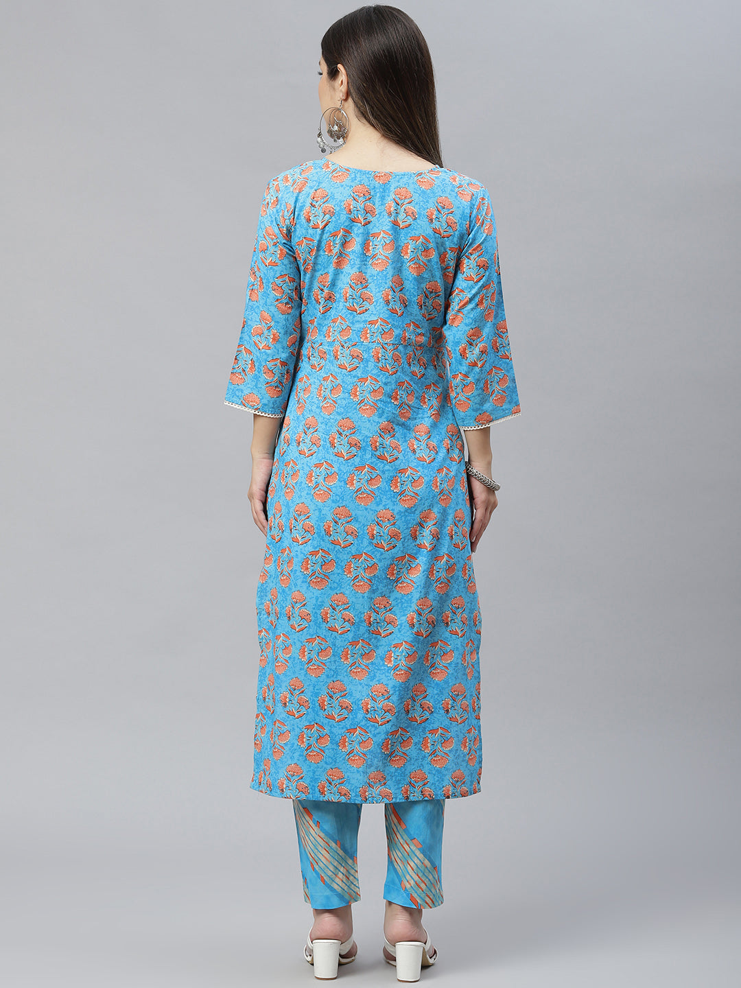 Indibelle Cotton Sky Blue Floral Print Straight Kurta