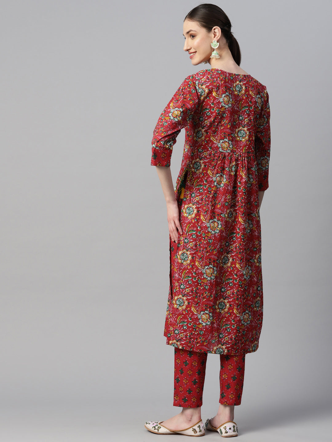 Indibelle Cotton Red Yellow Floral Print Kurta set