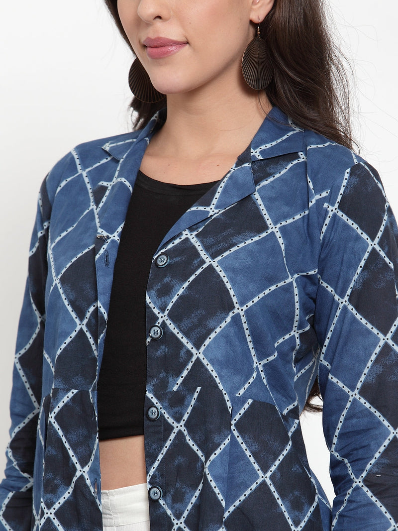 Indibelle Cotton Blue Geomatric Print A-Line ShrugCape