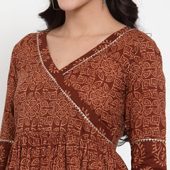 Indibelle Cotton Brown Floral Print A-Line Dress