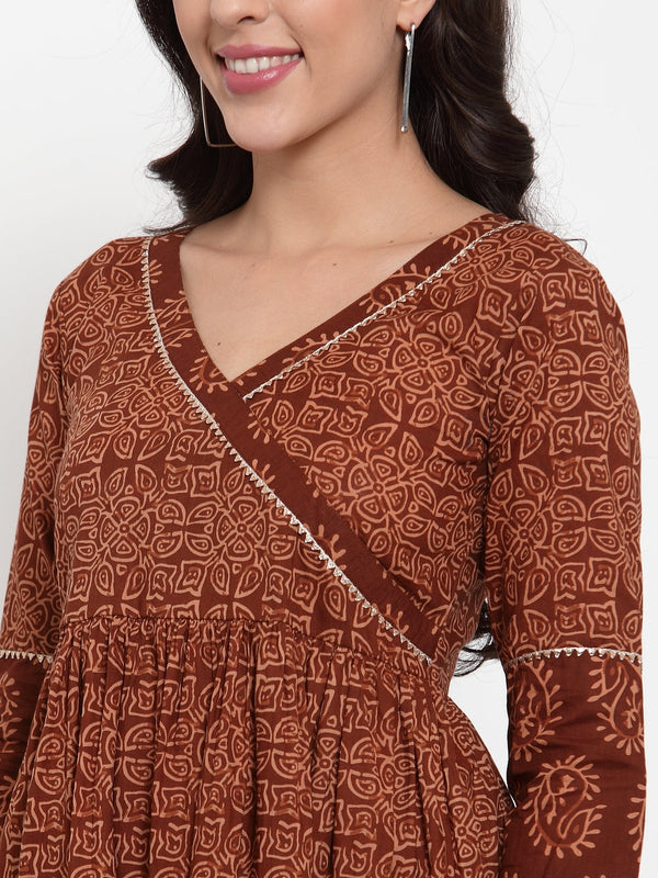 Indibelle Cotton Brown Floral Print A-Line Dress