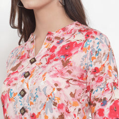 Indibelle Women Pink Rayon Slub Abstract Print Straight Kurta