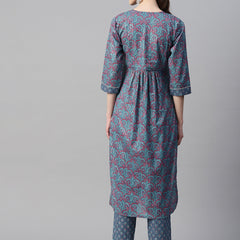 Indibelle Cotton Lurex Blue Pink Floral Print Kurta