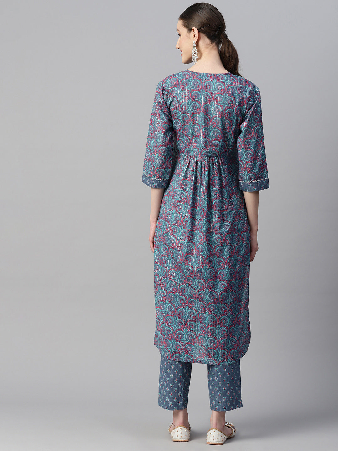 Indibelle Cotton Lurex Blue Pink Floral Print Kurta