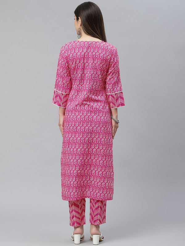Indibelle Cotton Front Neck Floral Print Straight Kurta (Pink)