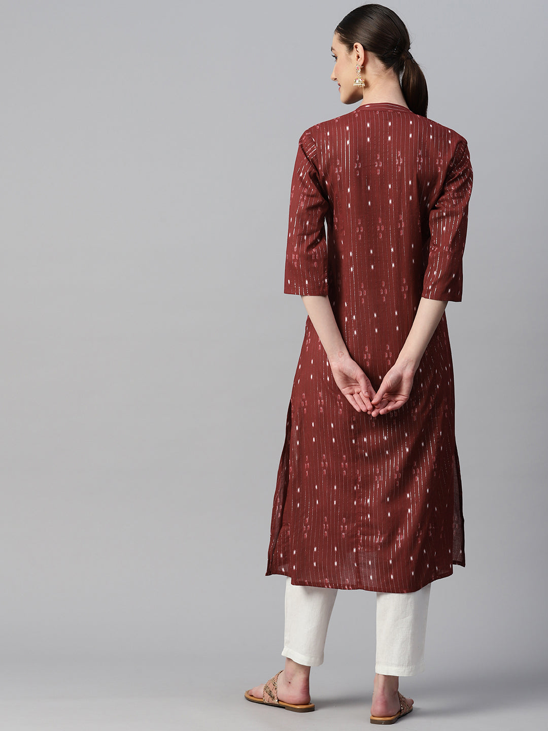 Indibelle Cotton Lurex Maroon Ikat Print A-Line Kurta set