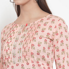 Indibelle Women Peach Cotton Flax Floral Print Straight Kurta set
