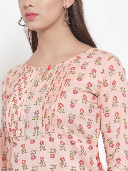 Indibelle Women Peach Cotton Flax Floral Print Straight Kurta