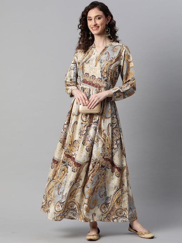 Indibelle Rayon Beige Paisley Print A-Line Dress