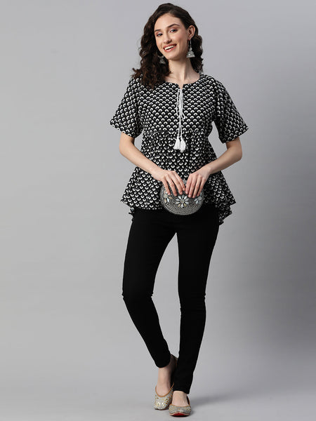 Indibelle Printed Black Peplum Top 