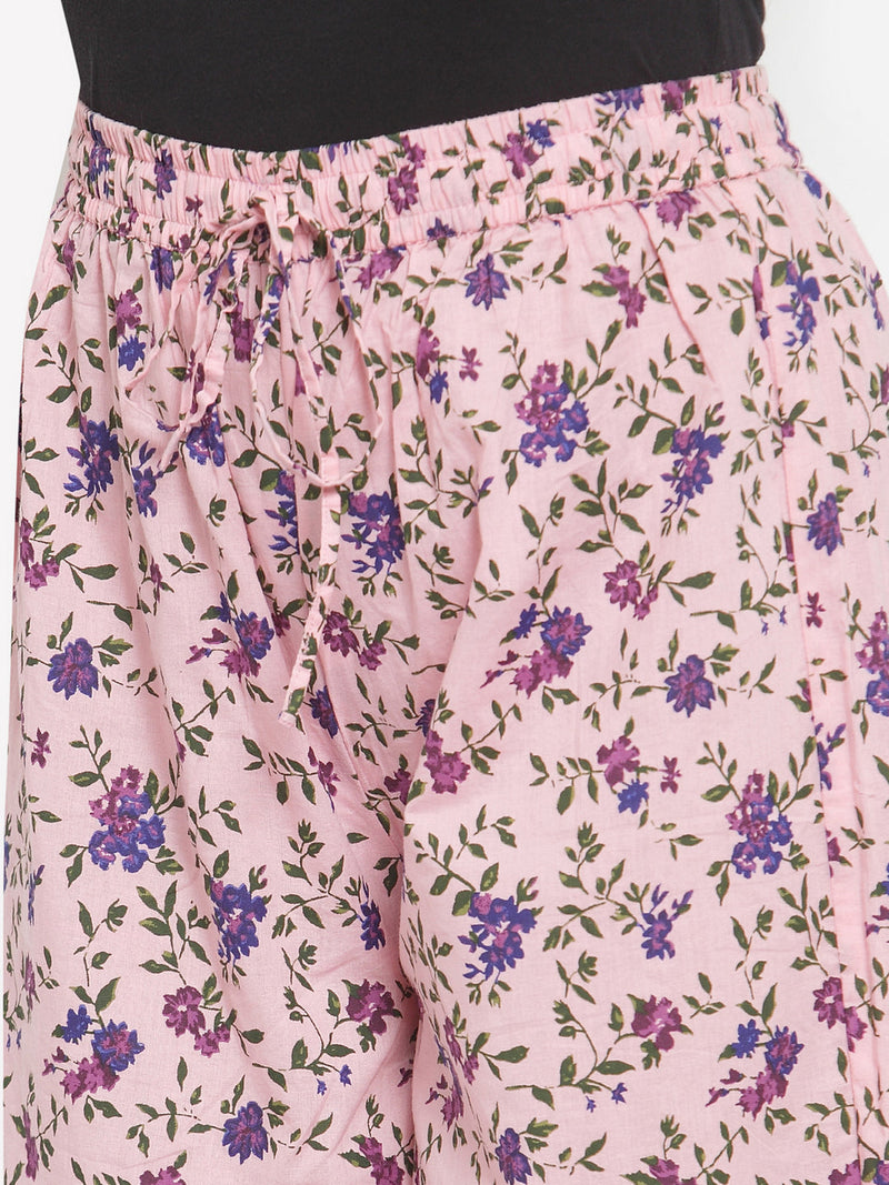 Indibelle Women Pink Cotton Floral Print Straight Kurta set